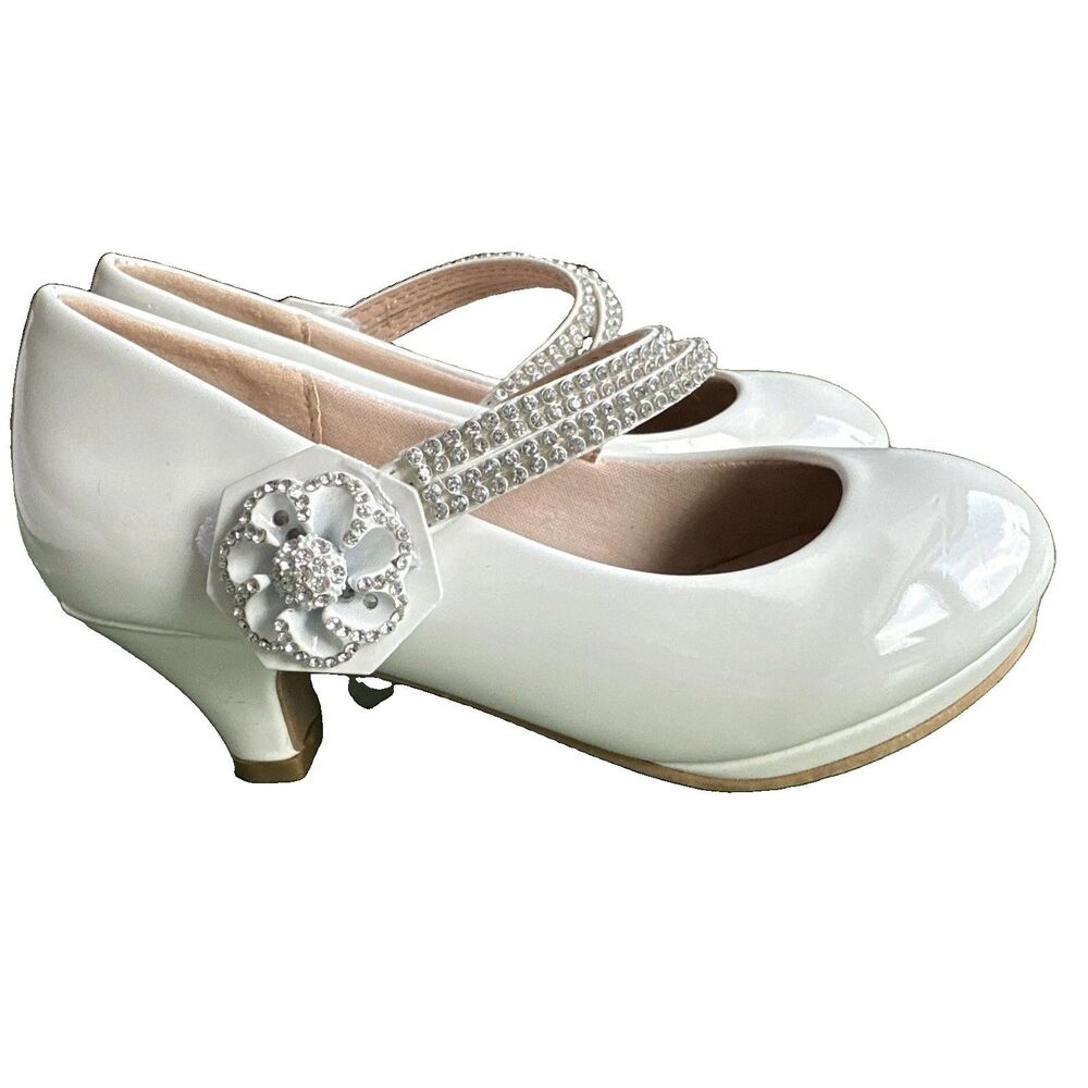 Girls Girls Size 2 White Patent Mary Jane Dress Shoes Rhinestone Flower Low Heel